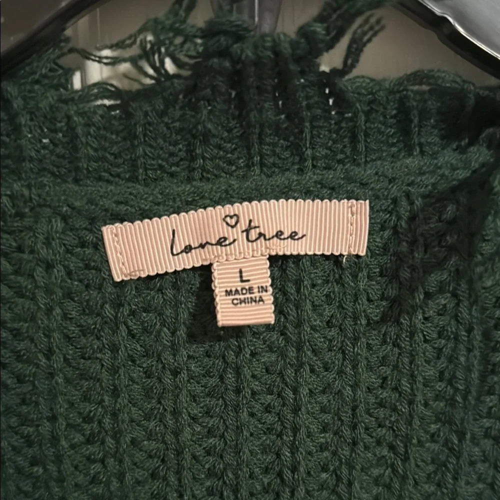 Love Tree Frayed Hem V-Neck Sweater in Forest Green - Picture 2 of 3